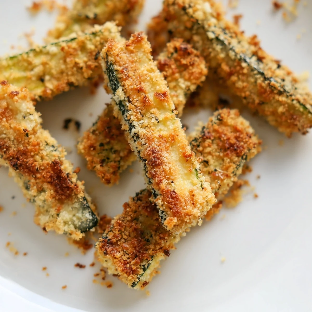 Golden-baked Baked Parmesan Zucchini Fries sit crispy on parchment, paired with a small bowl of red marinara sauce.