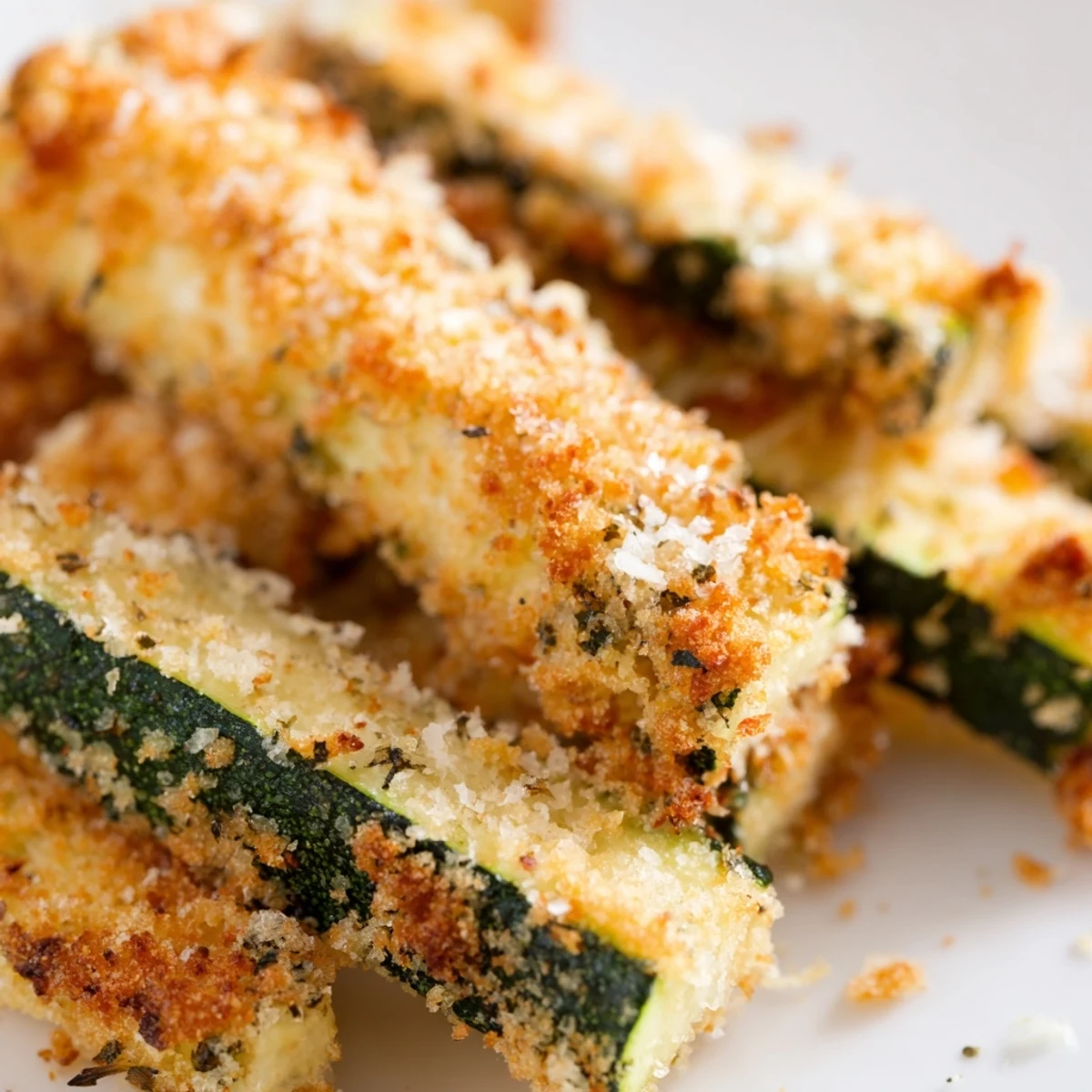 Close-up of Baked Parmesan Zucchini Fries showing crisp texture and Parmesan coating, served with a creamy dipping sauce.