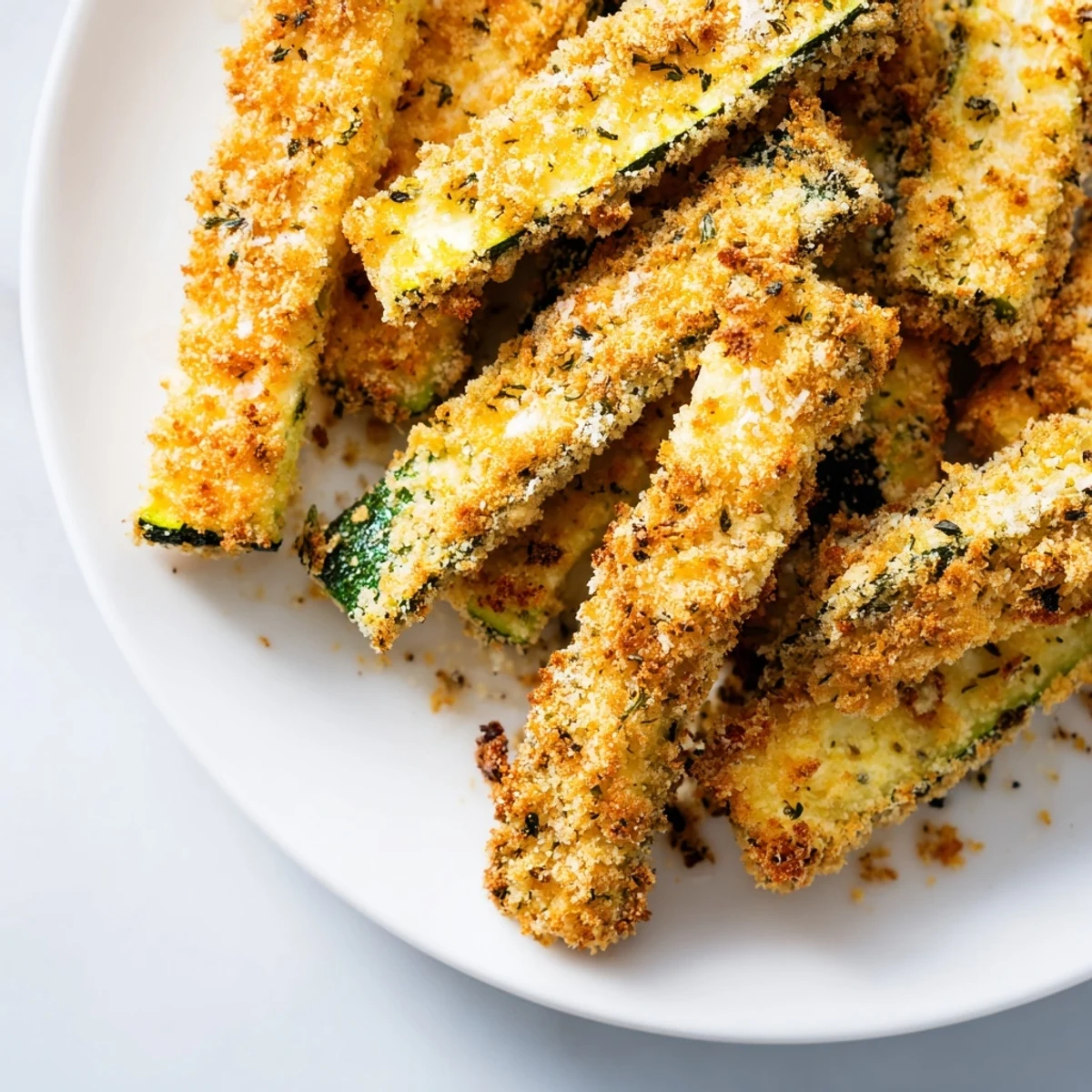 Freshly baked Baked Parmesan Zucchini Fries with golden breadcrumbs and green zucchini sticks on a rustic wooden board.
