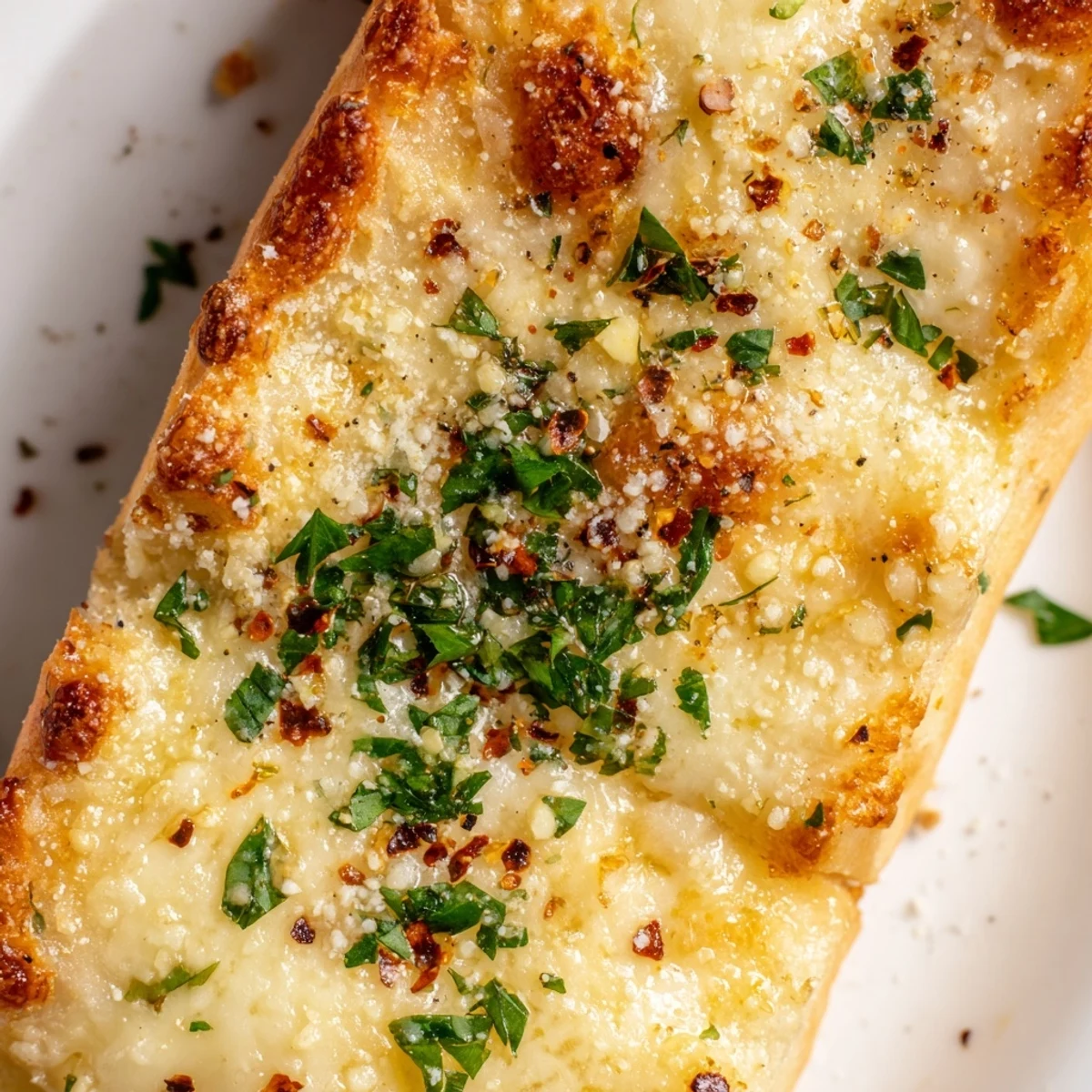 Freshly baked Cheesy Garlic Pizza Bread with melted Parmesan, red pepper flakes, and herbs, cut into eight wedges.