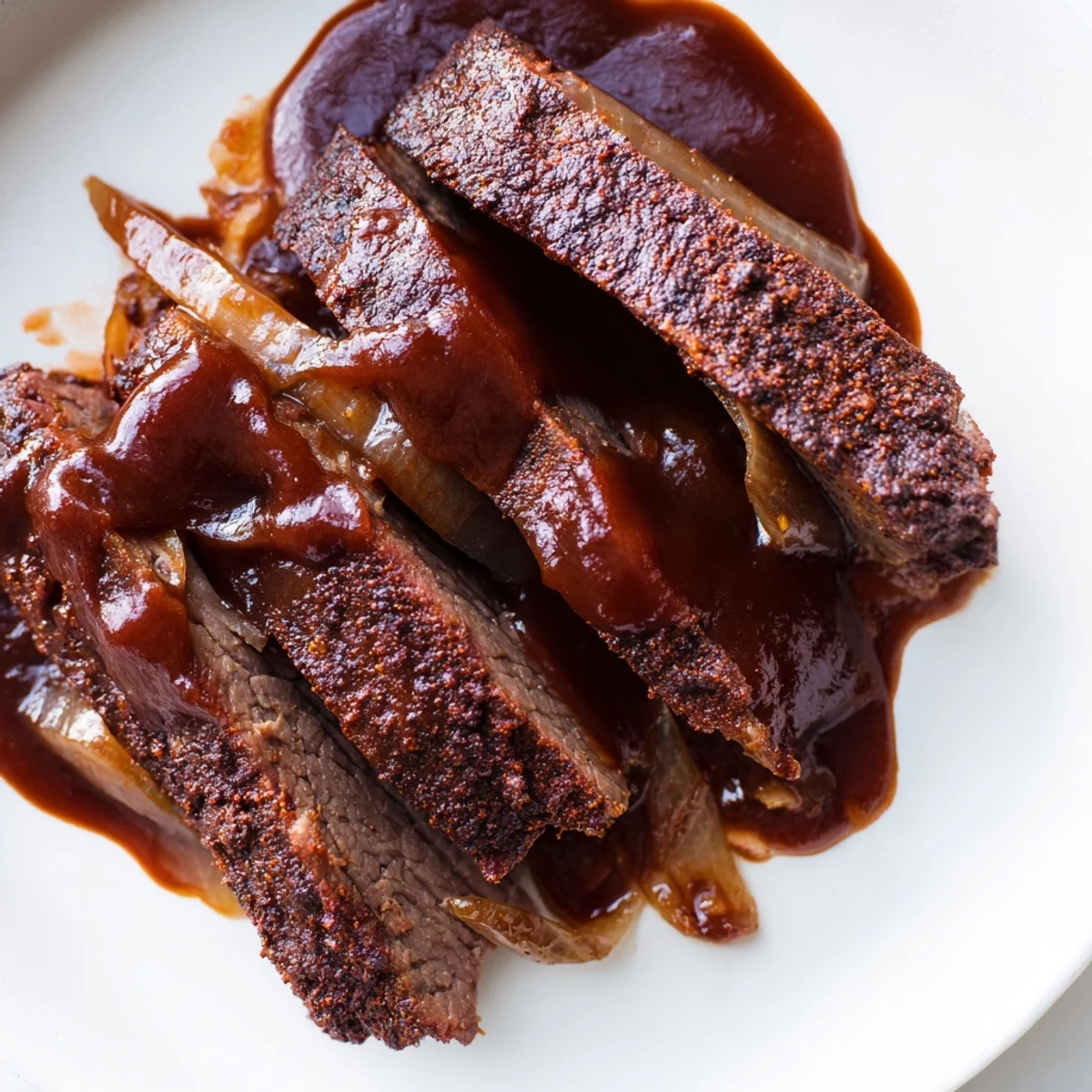 Tender, fall-apart Slow Cooked Beef Brisket with BBQ Sauce resting on a plate, surrounded by colorful coleslaw and pickles for a delicious, family-style Southern meal.