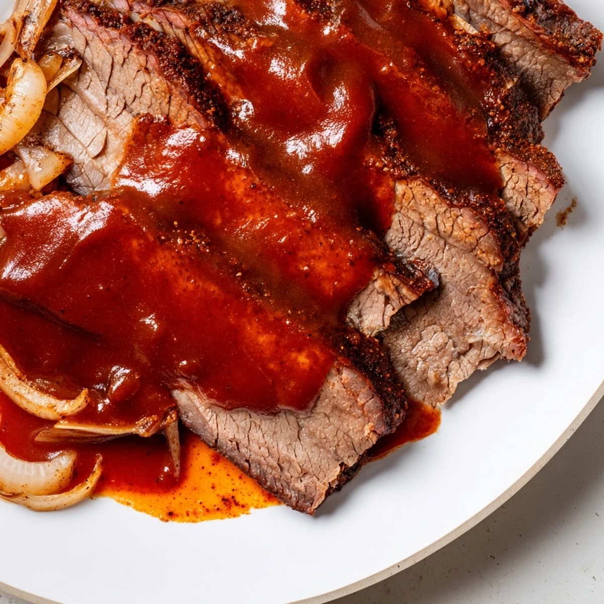 Juicy slices of Slow Cooked Beef Brisket with BBQ Sauce, glistening with rich, smoky glaze, ready to be piled onto a soft bun for a classic American dinner.