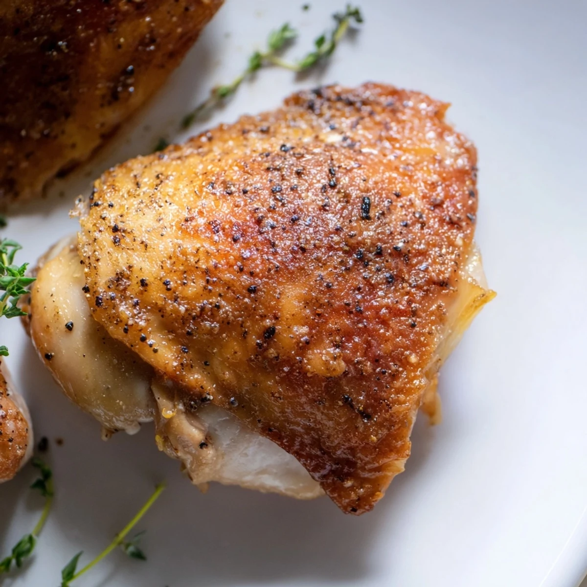 Golden brown Roasted Chicken Thighs with Lemon and Thyme garnished with fresh herbs on a baking sheet.