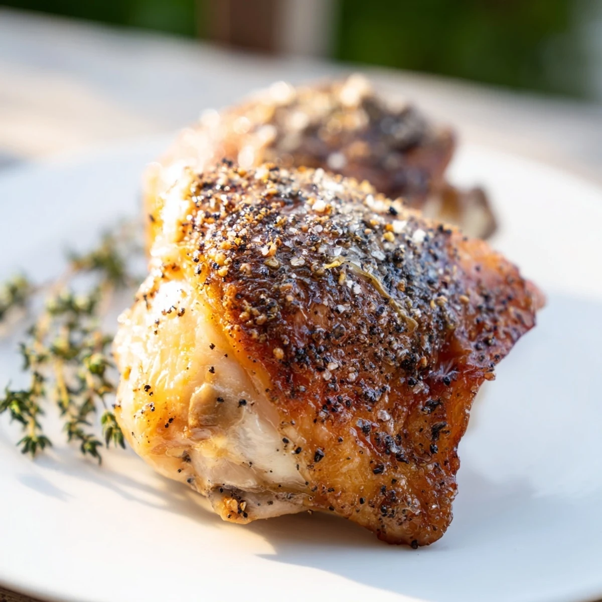 Eight crispy skinned Roasted Chicken Thighs with Lemon and Thyme served with roasted potatoes and lemon wedges.