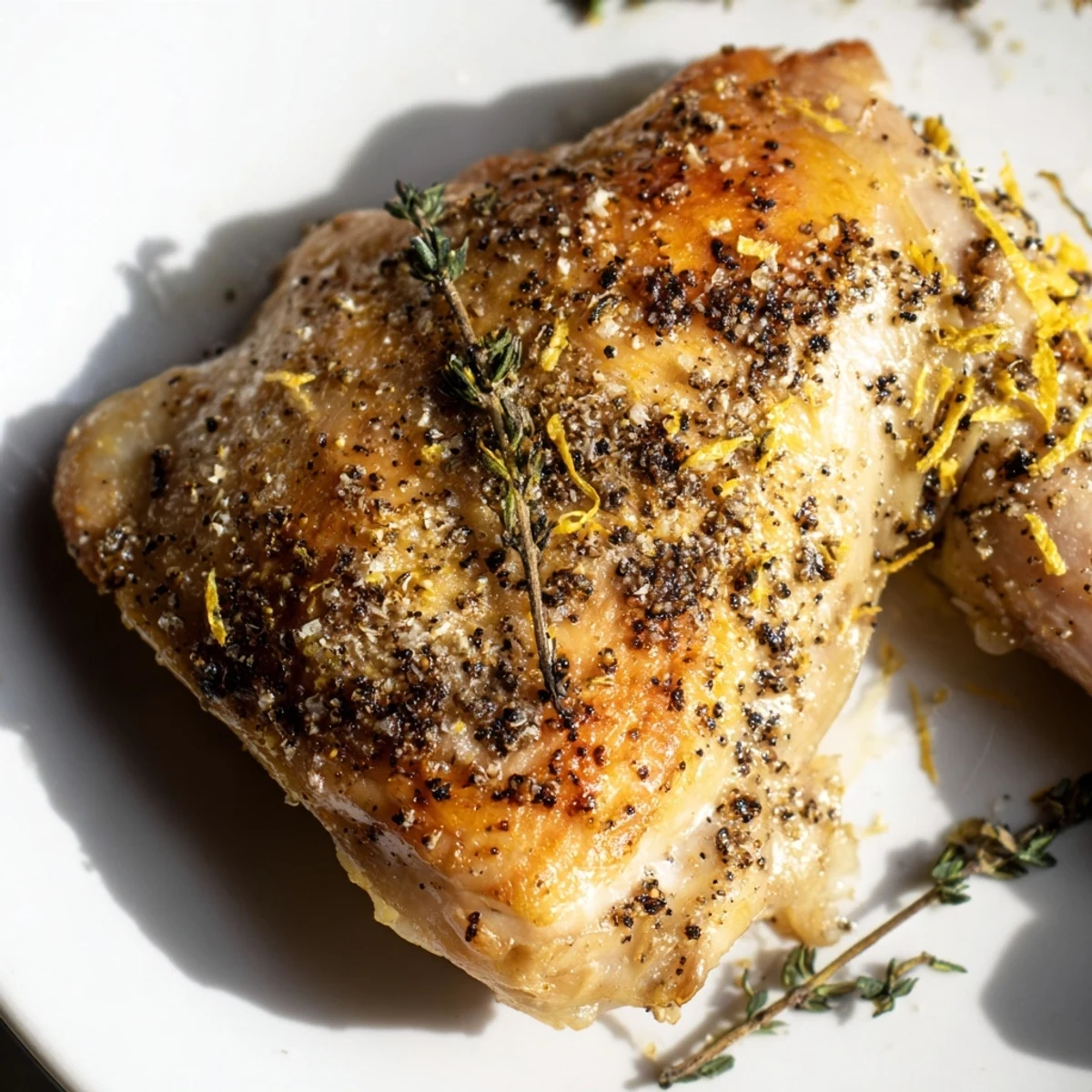 Juicy Roasted Chicken Thighs with Lemon and Thyme on a rustic platter, ready to serve with a fresh salad.