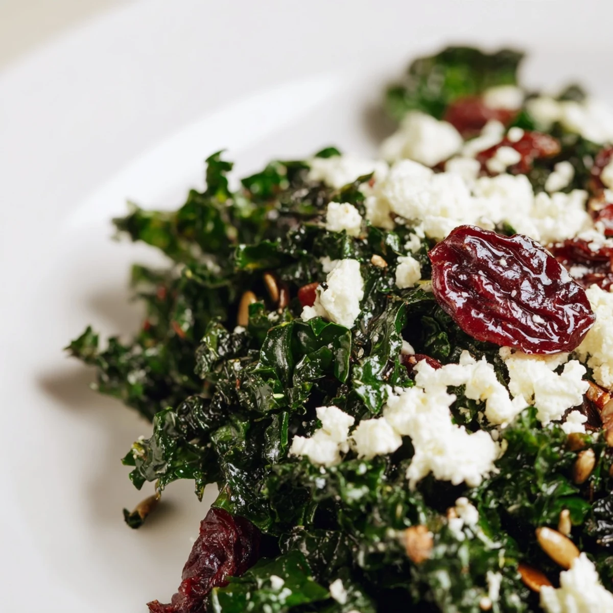 Winter Kale Salad with Cranberries and Seeds tossed with apple, red onion, and feta in a citrus dressing.