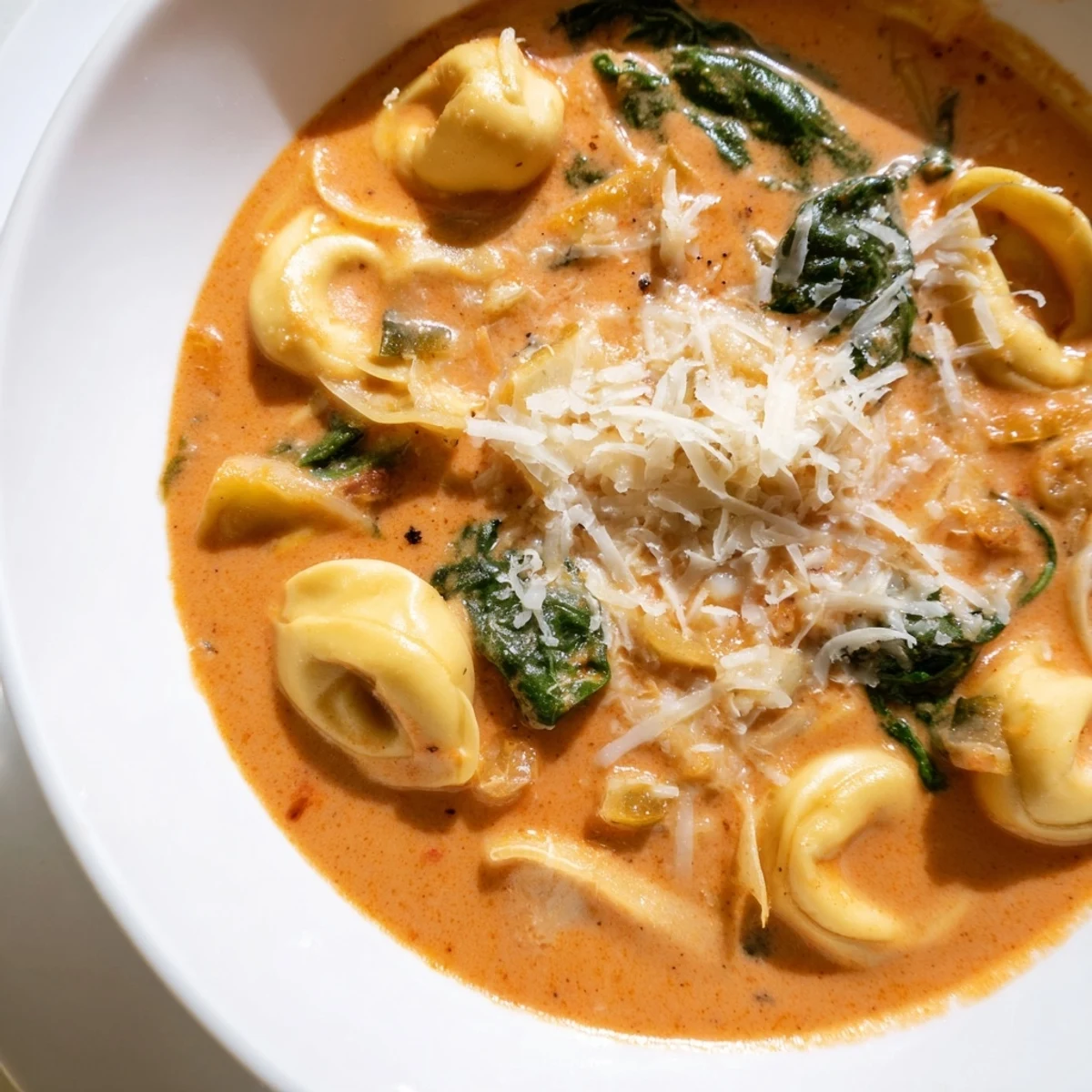 Creamy Tomato and Tortellini Soup with Spinach steams in a rustic bowl with wilted greens and cheesy pasta nestled in velvety red broth.
