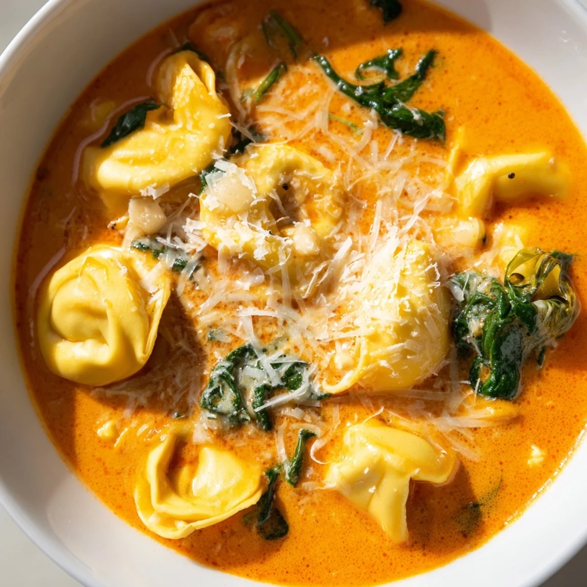 Bright, creamy Tomato and Tortellini Soup with Spinach ladled into a white bowl, garnished with grated Parmesan and fresh basil leaves.