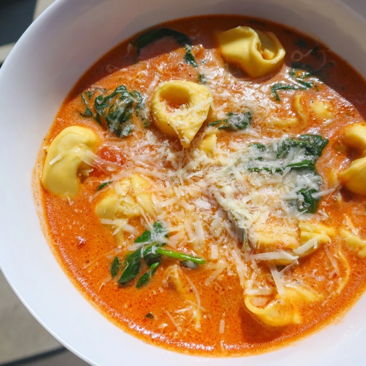 Spoon dipping into Creamy Tomato and Tortellini Soup with Spinach, revealing tender tortellini and silky tomato cream broth ready to serve.