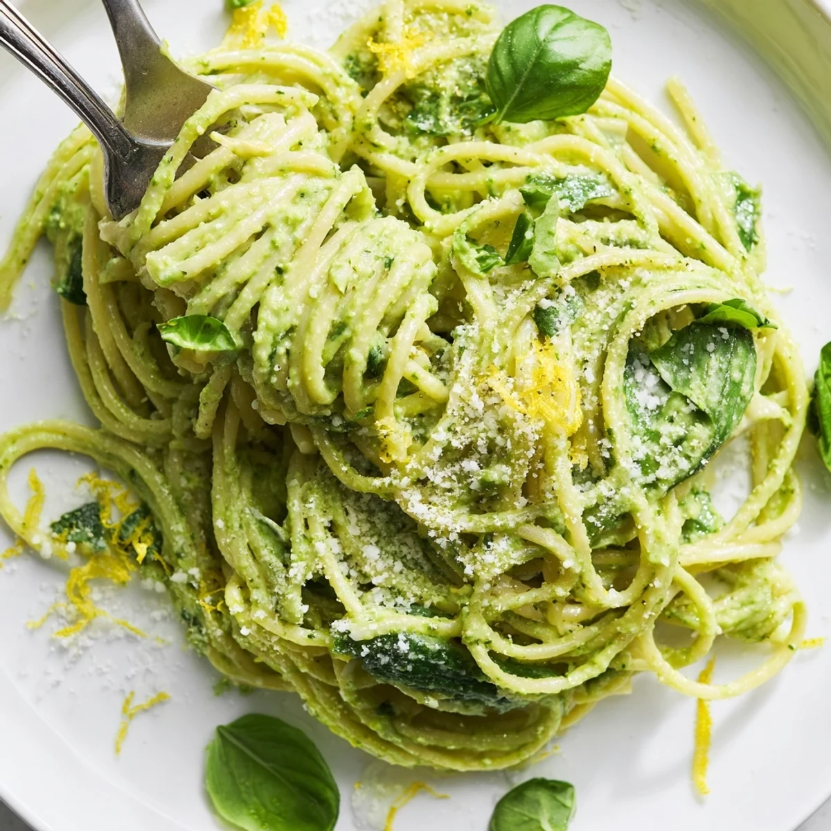 Freshly blended avocado-spinach sauce coats warm spaghetti, garnished with lemon zest and grated Parmesan for a vibrant vegetarian dinner.