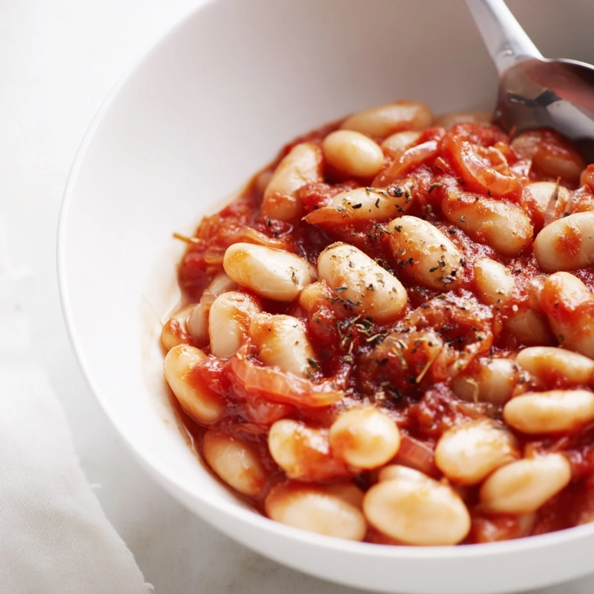A hearty serving of Baked Beans with Tomato Sauce in a rustic bowl, garnished with fresh thyme.