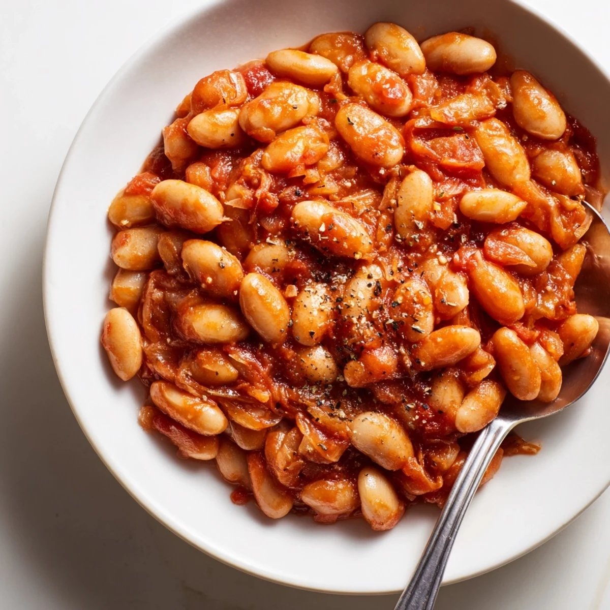 Close-up of thick, smoky Baked Beans with Tomato Sauce bubbling in a cast-iron skillet.