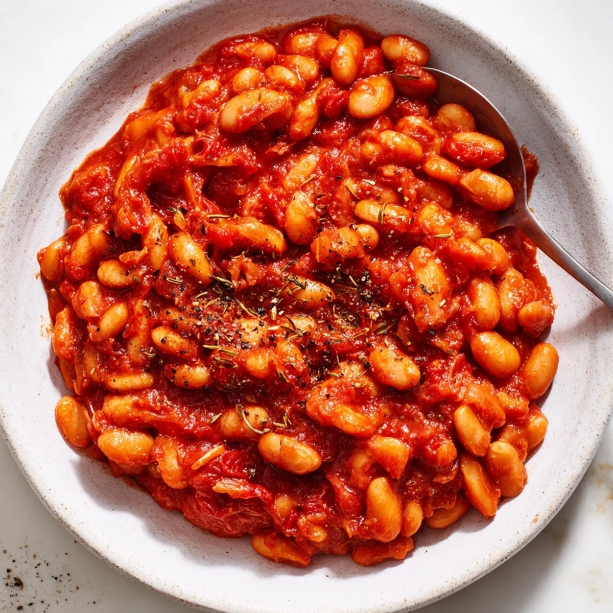 A spoon lifting savory Baked Beans with Tomato Sauce, paired with toasted bread on the side.