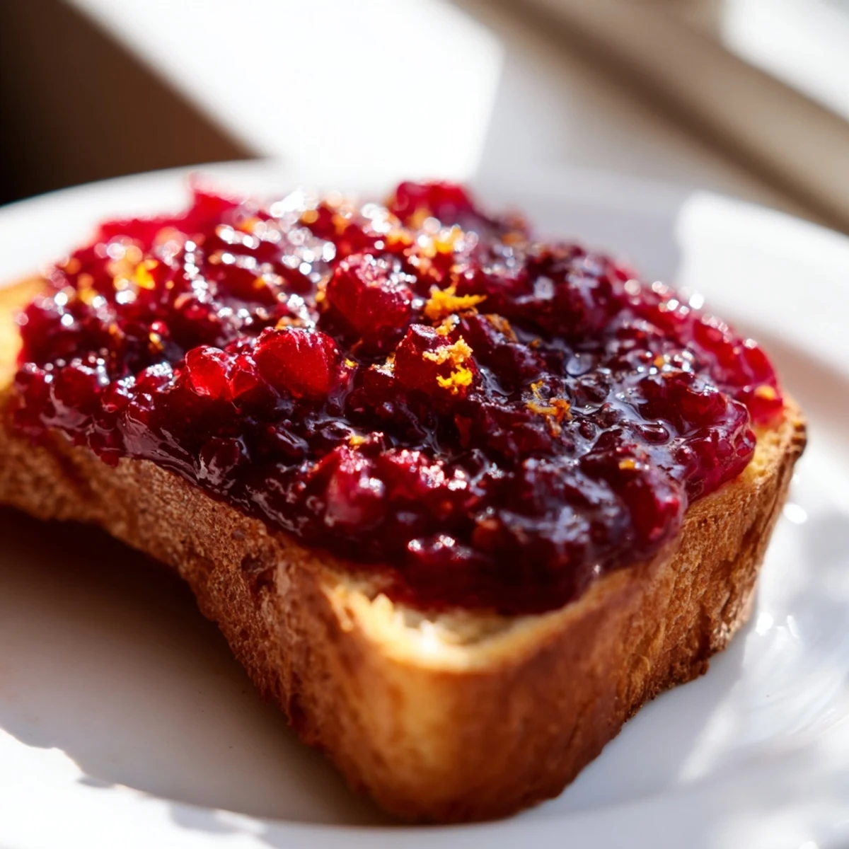 Thick, ruby-red homemade cranberry jam glistens on a crispy slice of golden-brown toast, ready to enjoy.