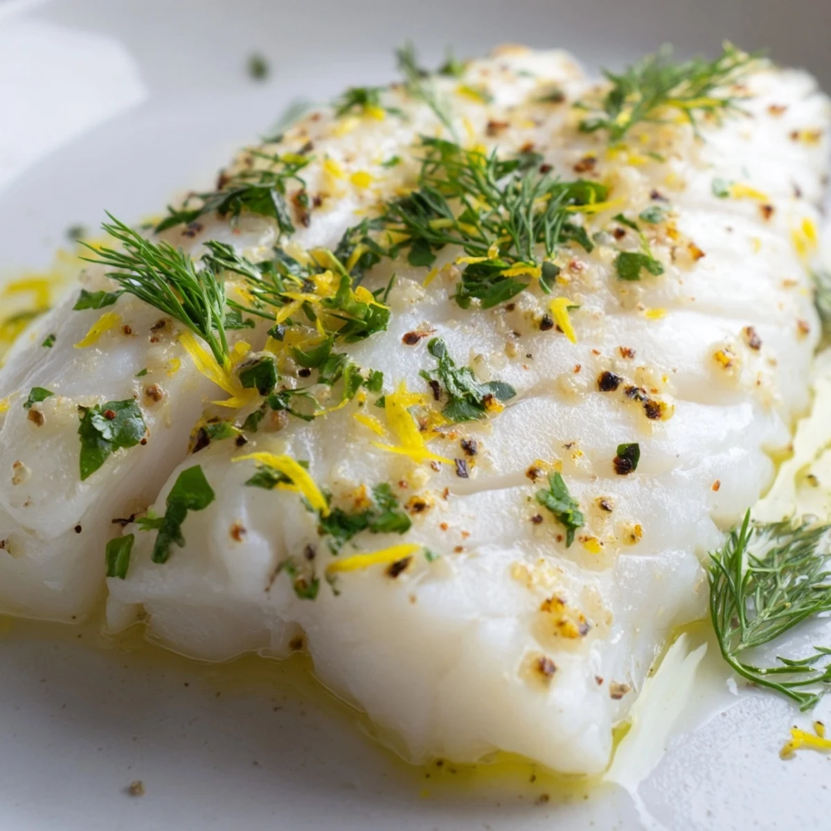 Tender Baked Haddock with Lemon and Herbs baked in a skillet, topped with melted butter and aromatic garlic herb sauce.
