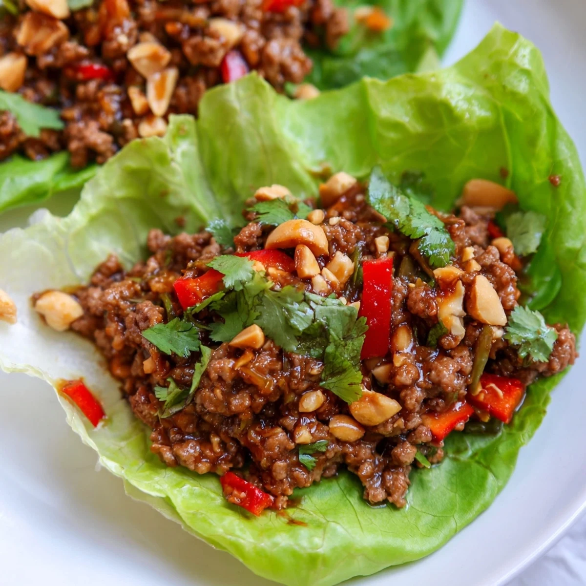 Ground beef and crisp lettuce cups topped with chopped peanuts and fresh green onions.