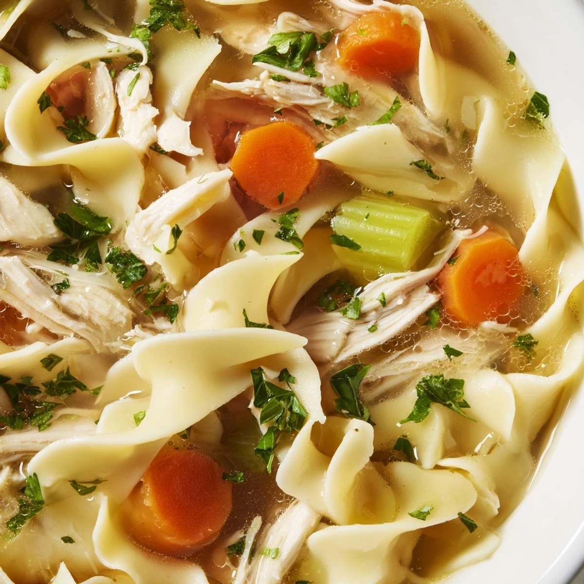 Steaming bowl of homemade Chicken Noodle Soup with Egg Noodles, featuring tender chicken and vibrant carrots on a rustic kitchen table.