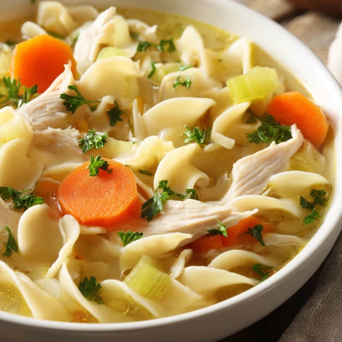 Close-up on golden egg noodles in rich Chicken Noodle Soup, garnished with fresh parsley and a rustic spoon ready to serve.