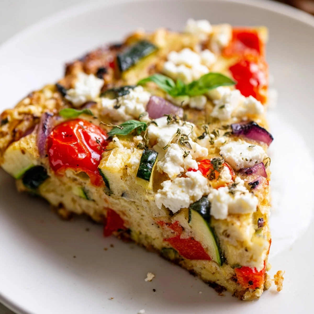 Freshly baked Roasted Vegetable Frittata with Goat Cheese, featuring caramelized red peppers and onions bubbling with creamy cheese.