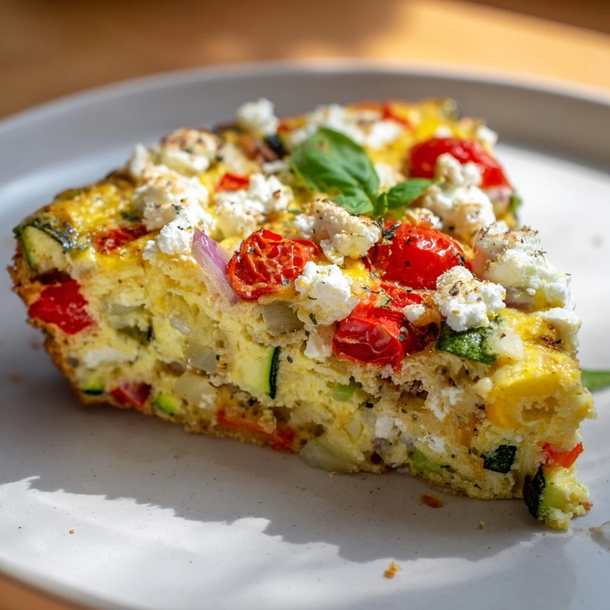 Close-up of a fluffy Roasted Vegetable Frittata with Goat Cheese revealing tender zucchini and vibrant cherry tomato pieces inside.