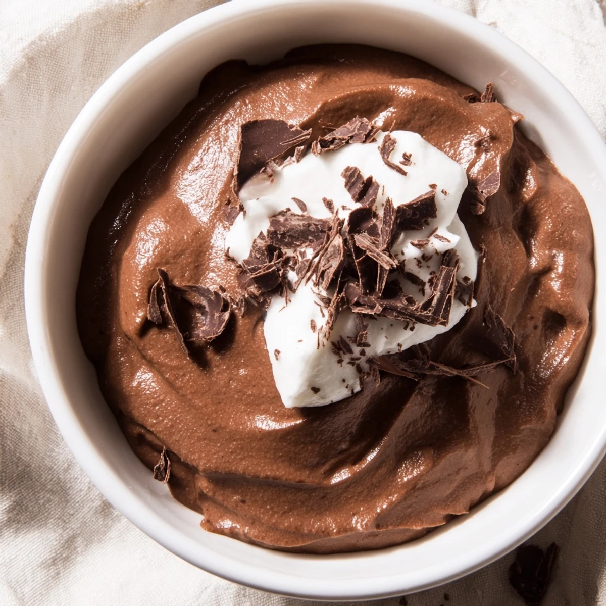 Creamy vegan Chocolate Avocado Mousse with fresh raspberries and shaved dark chocolate garnish in a small glass.