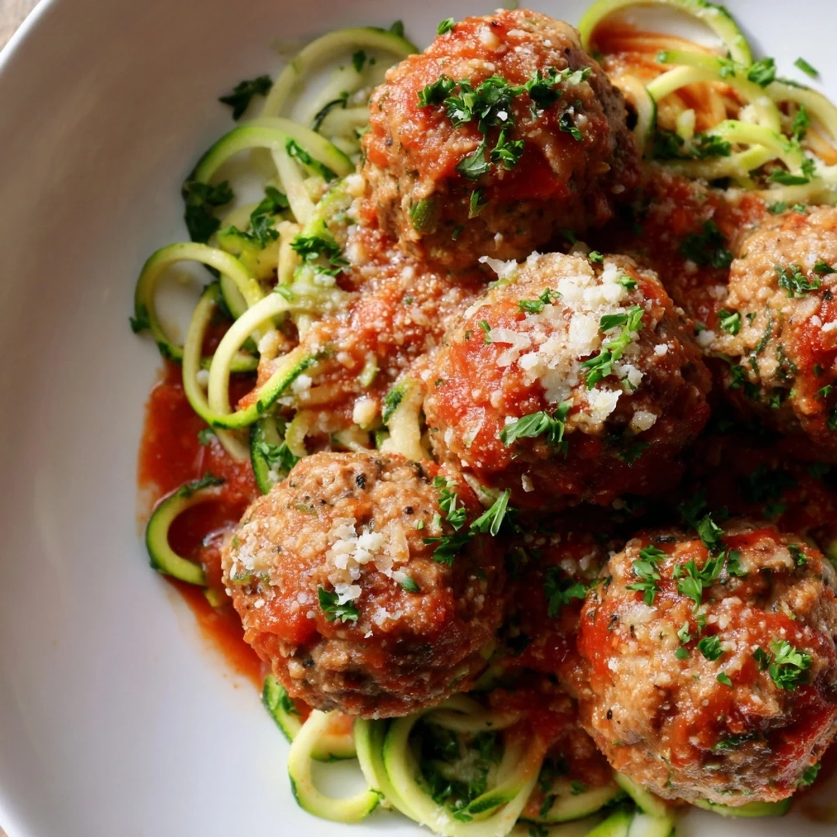 Golden-brown turkey meatballs simmer in a rich, chunky tomato sauce, ready to be served over a bed of fresh, crisp zucchini noodles.