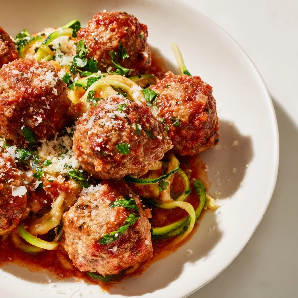 A close-up of baked turkey meatballs topped with fresh parsley, alongside vibrant green zucchini noodles and a ladle of homemade tomato sauce.