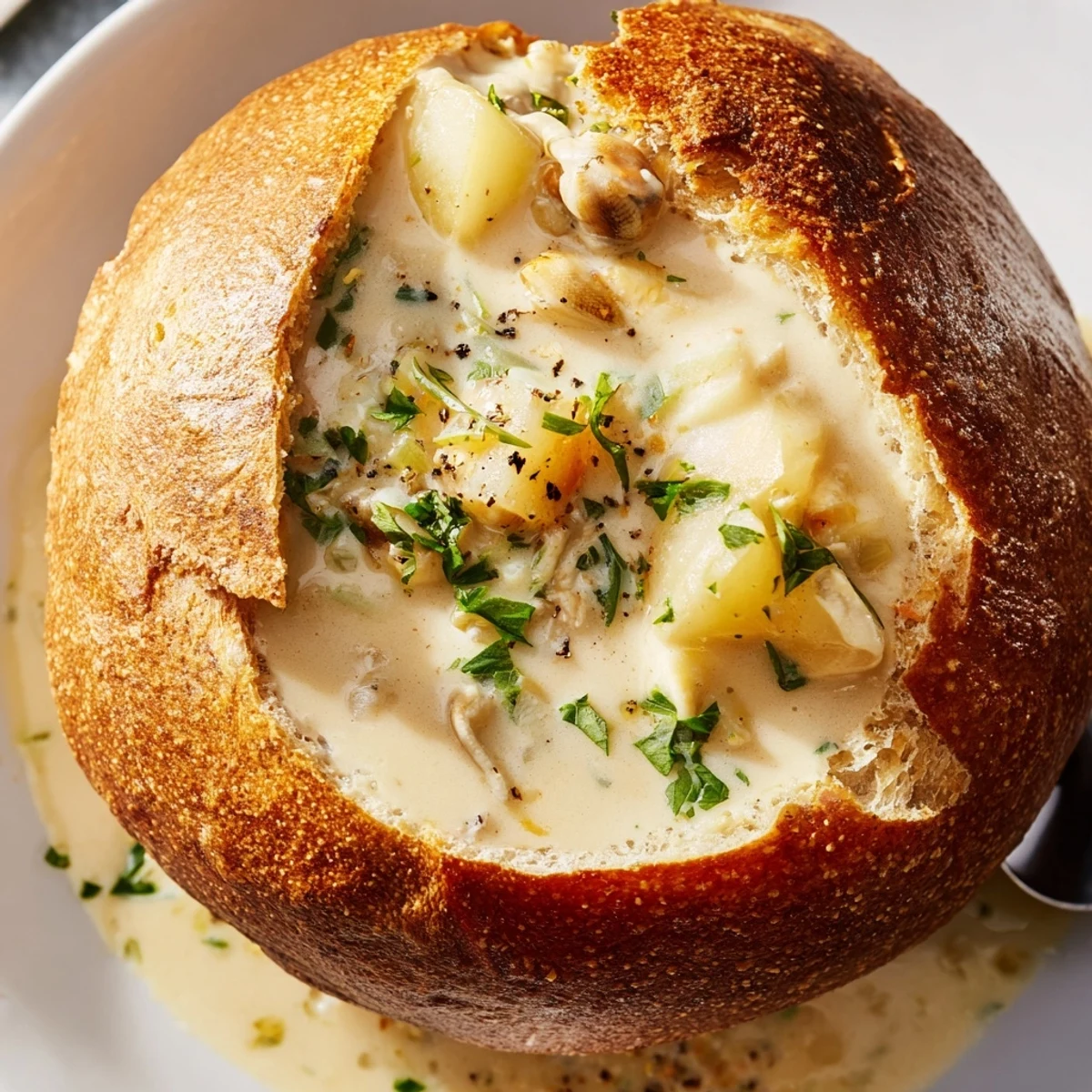 Chunks of tender potato and clams are visible in the rich, velvety New England chowder filling a hollowed sourdough bread bowl.