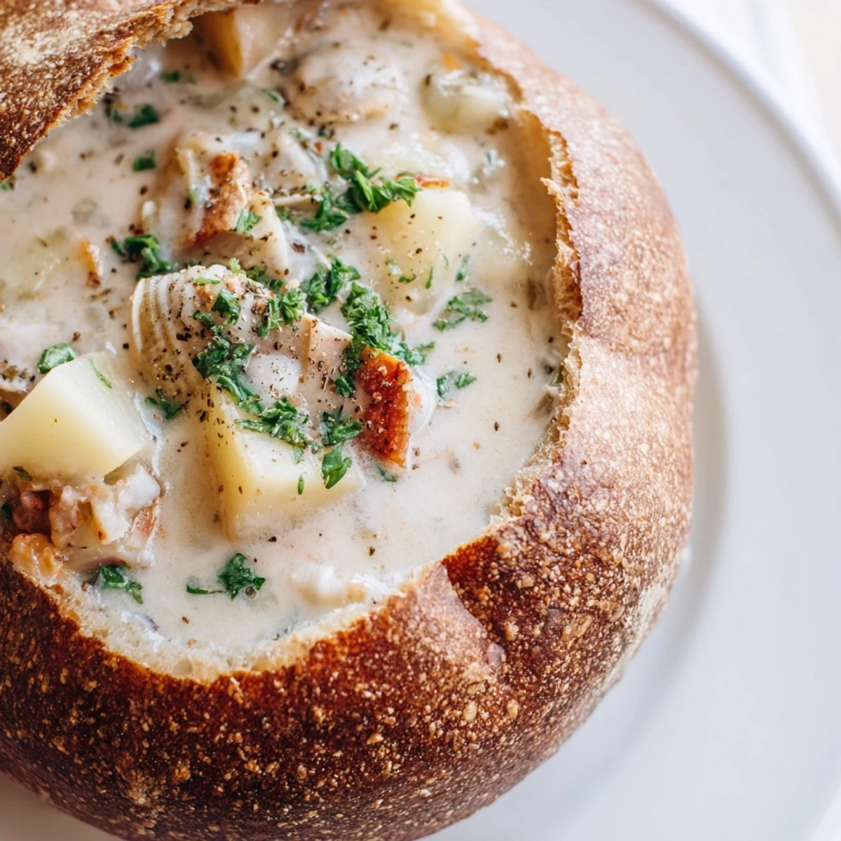 Warm, crusty sourdough bowl holds a generous serving of Creamy Clam Chowder, perfect for dipping and enjoying a classic American comfort food.