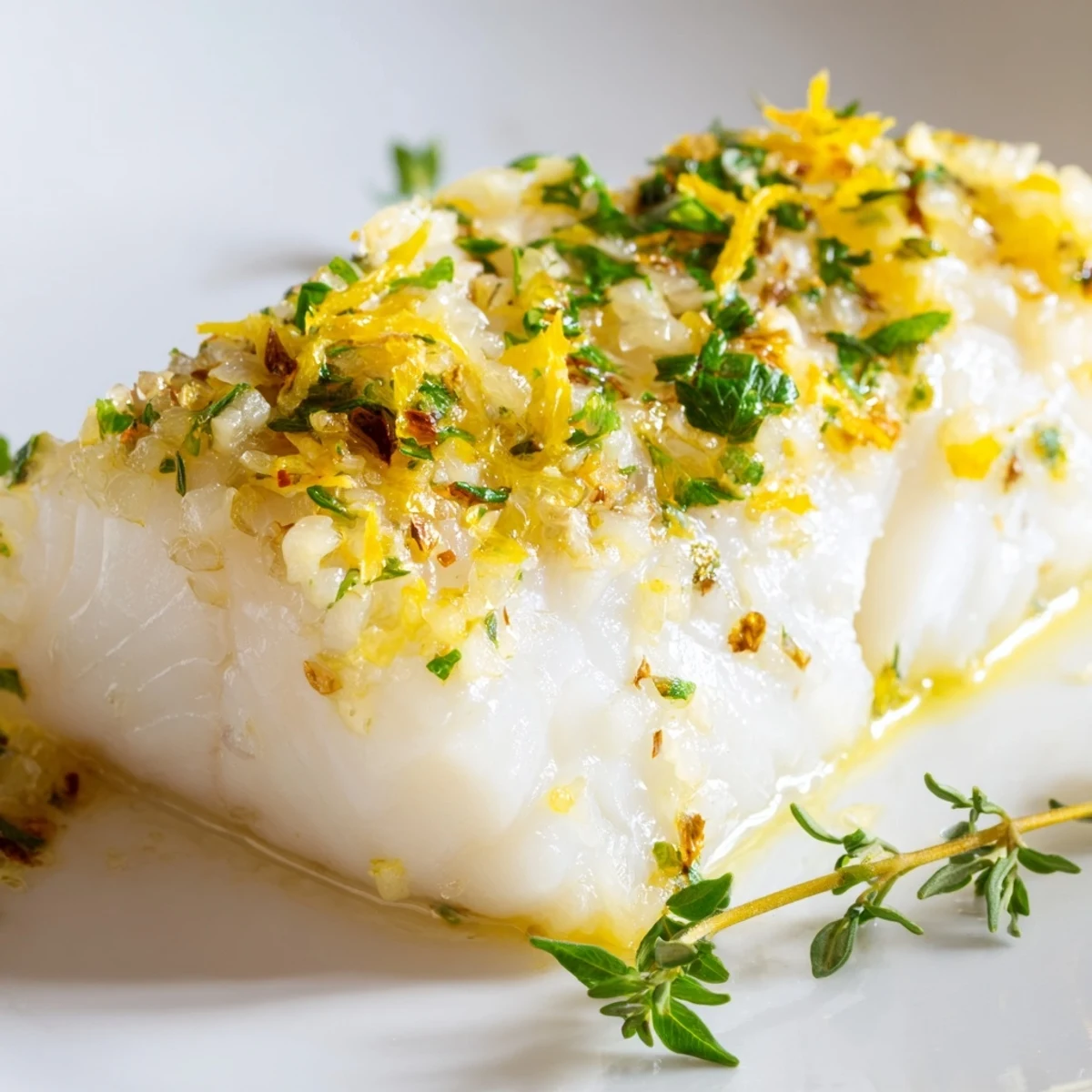 Golden-brown Baked Halibut with Garlic Butter sits flaky and moist in a white baking dish, garnished with fresh parsley and lemon wedges.
