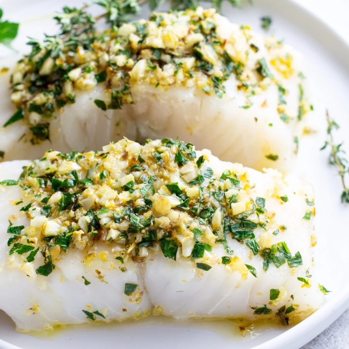 Close-up of Baked Halibut with Garlic Butter, showing a fork flaking the tender fish while lemon zest and parsley garnish the top.