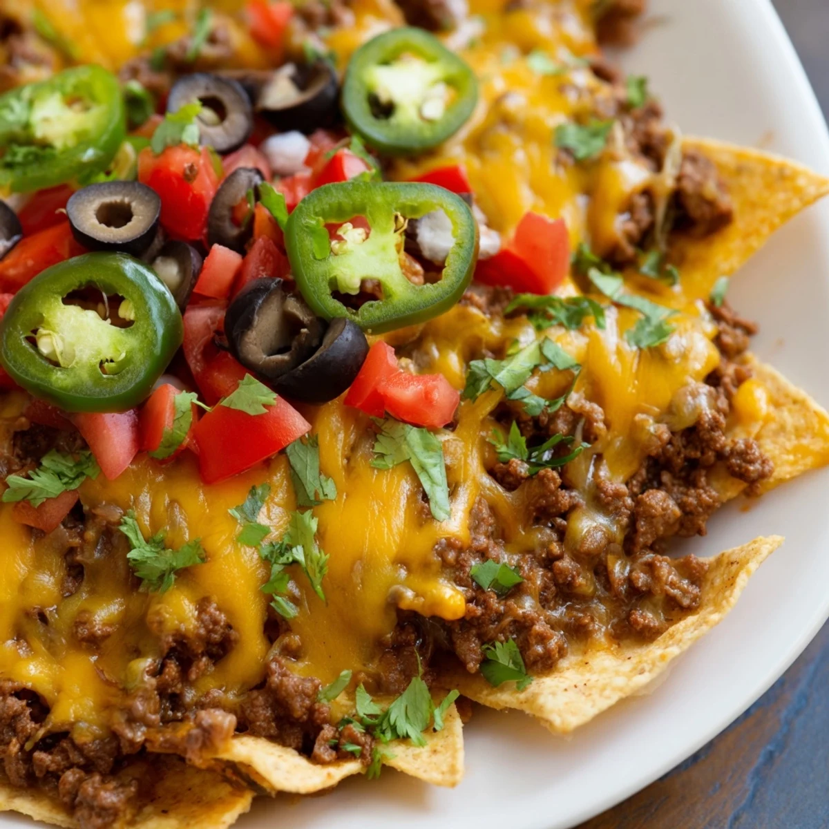 Hot beef nachos with jalapenos and cheese are piled high on a platter, ready for game day with sour cream.