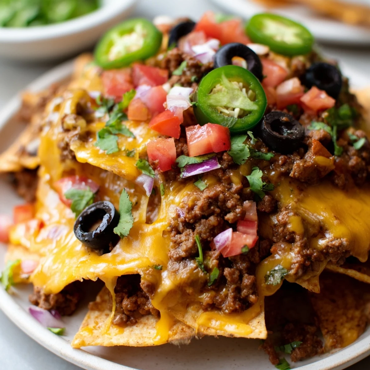 Golden beef nachos with jalapenos and cheese are baked until bubbling, then topped with fresh cilantro and creamy guacamole.
