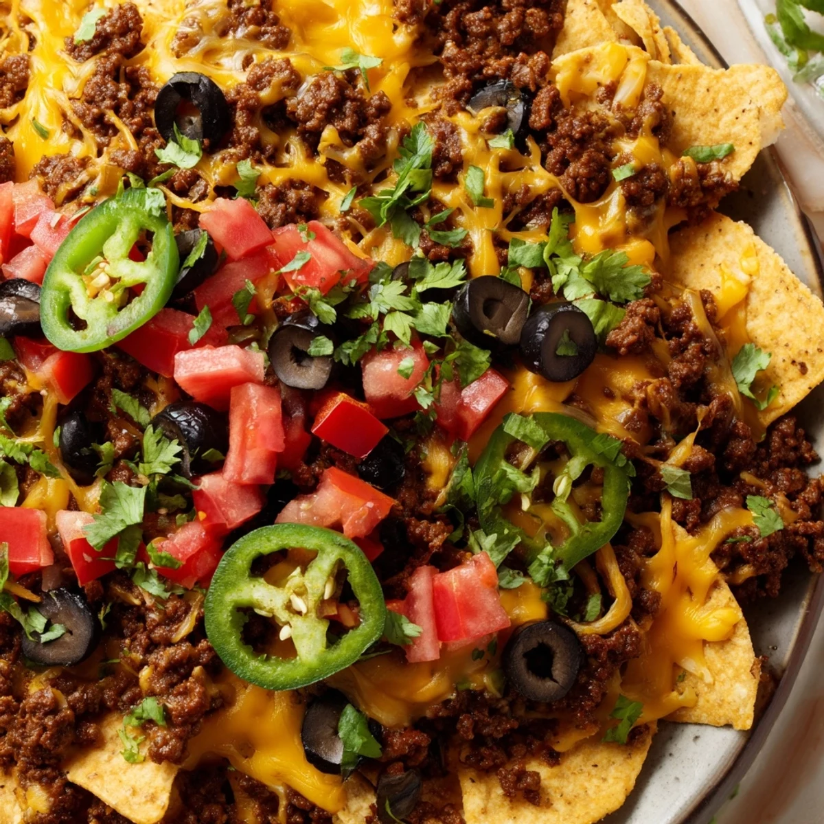 Golden beef nachos with jalapenos and cheese are loaded on a baking sheet, with melted cheddar and Monterey Jack.
