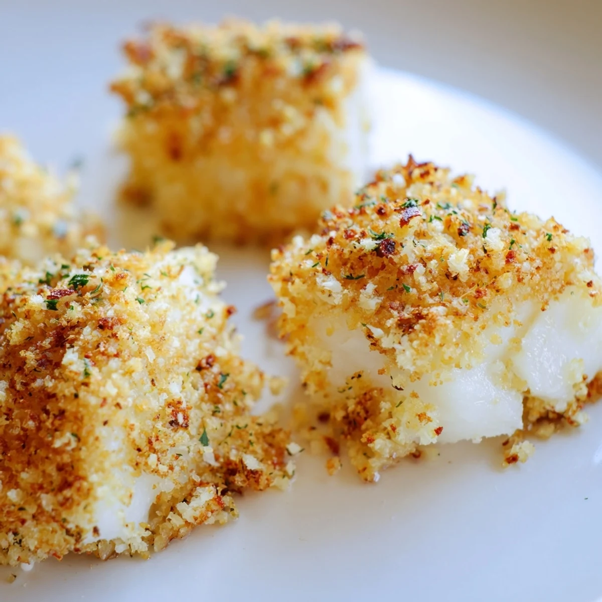 Easy baked fish bites with a crunchy golden coating, arranged on a rustic wooden board with a small bowl of tartar sauce for dipping.