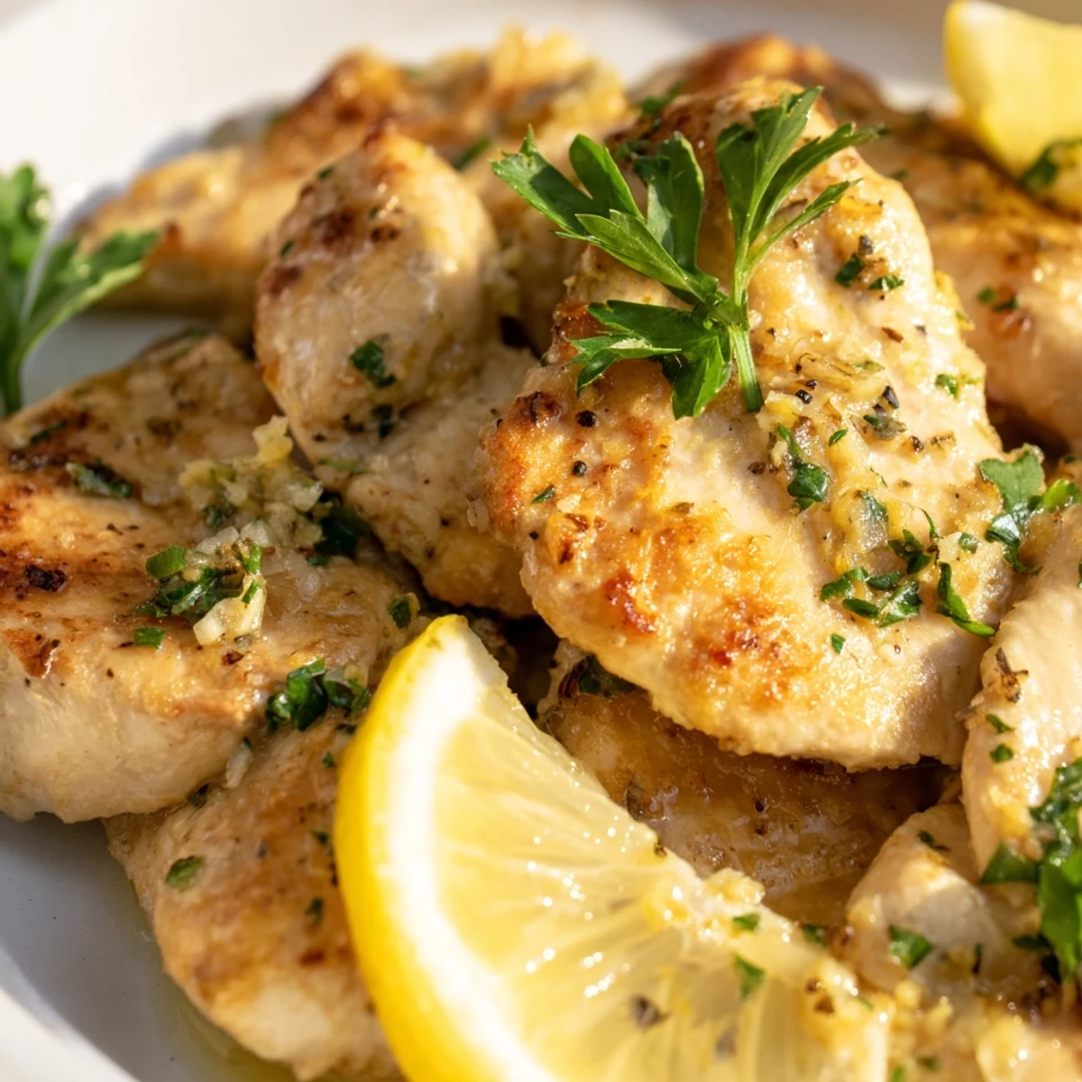 Golden pan-seared Lemon Dinner Chicken breast with a glossy lemon-garlic sauce and fresh parsley garnish.