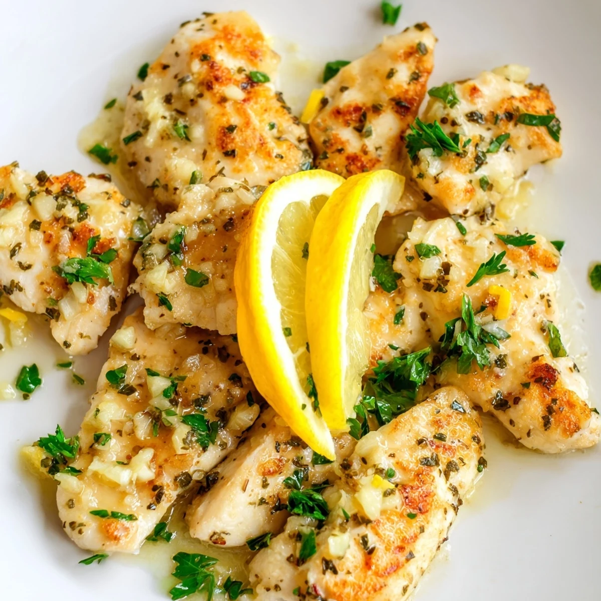 Sizzling skillet of Lemon Dinner Chicken with buttery pan juices and bright lemon slices for garnish.