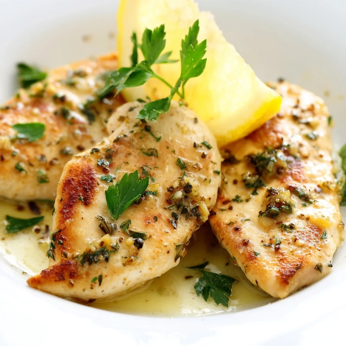Lemon Dinner Chicken served alongside fluffy white rice and steamed broccoli on a rustic white plate.