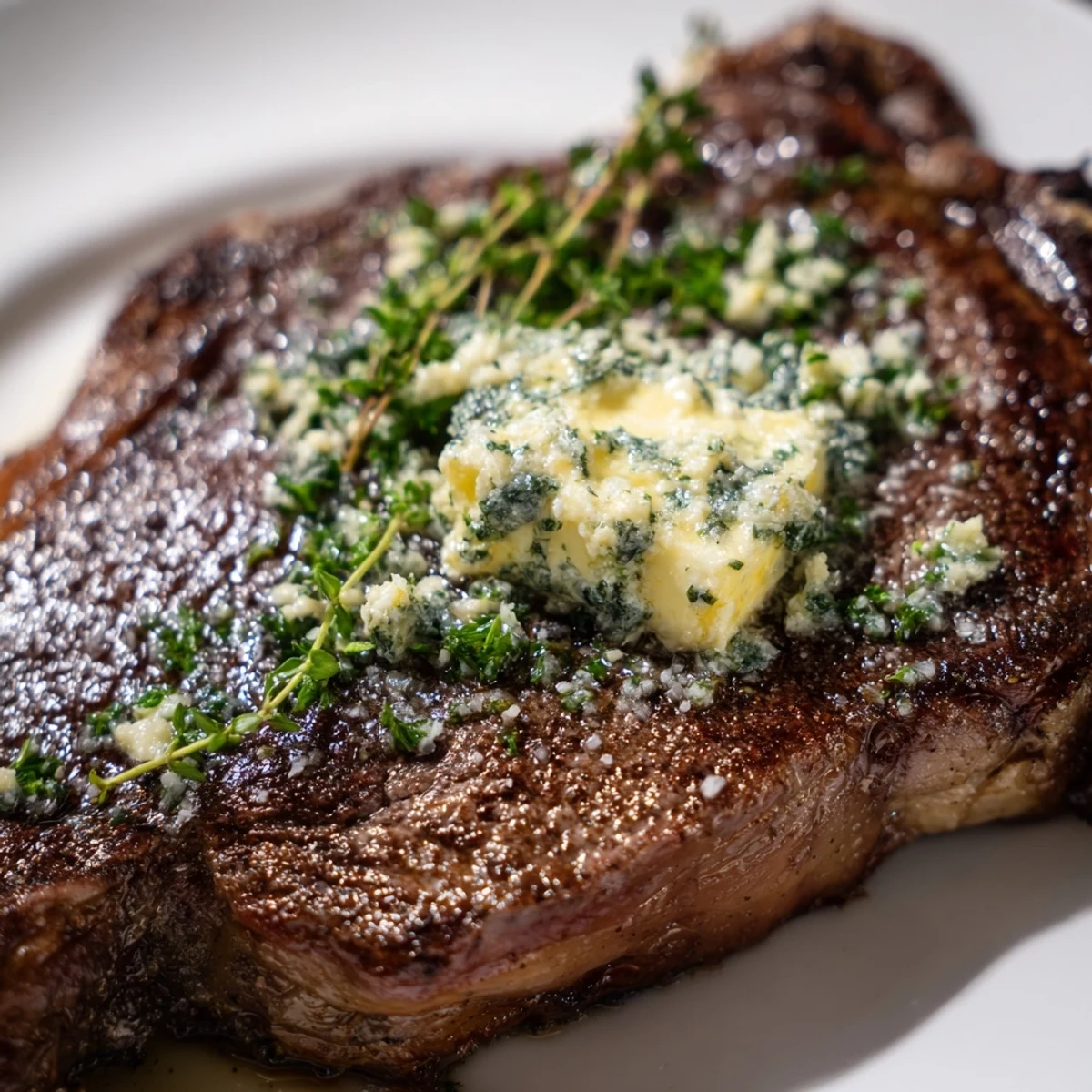 This golden-brown Beef Dinner Steak showcases a flavorful crust and pink center, drizzled with herb butter beside vibrant asparagus.