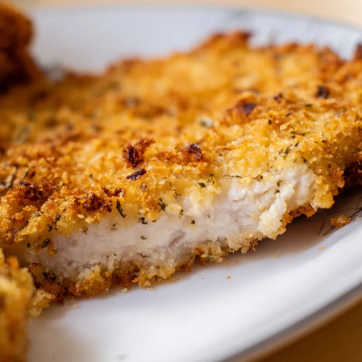 Golden brown Crispy Dinner Chicken rests on a paper towel, glistening with oil next to mashed potatoes and fresh salad.
