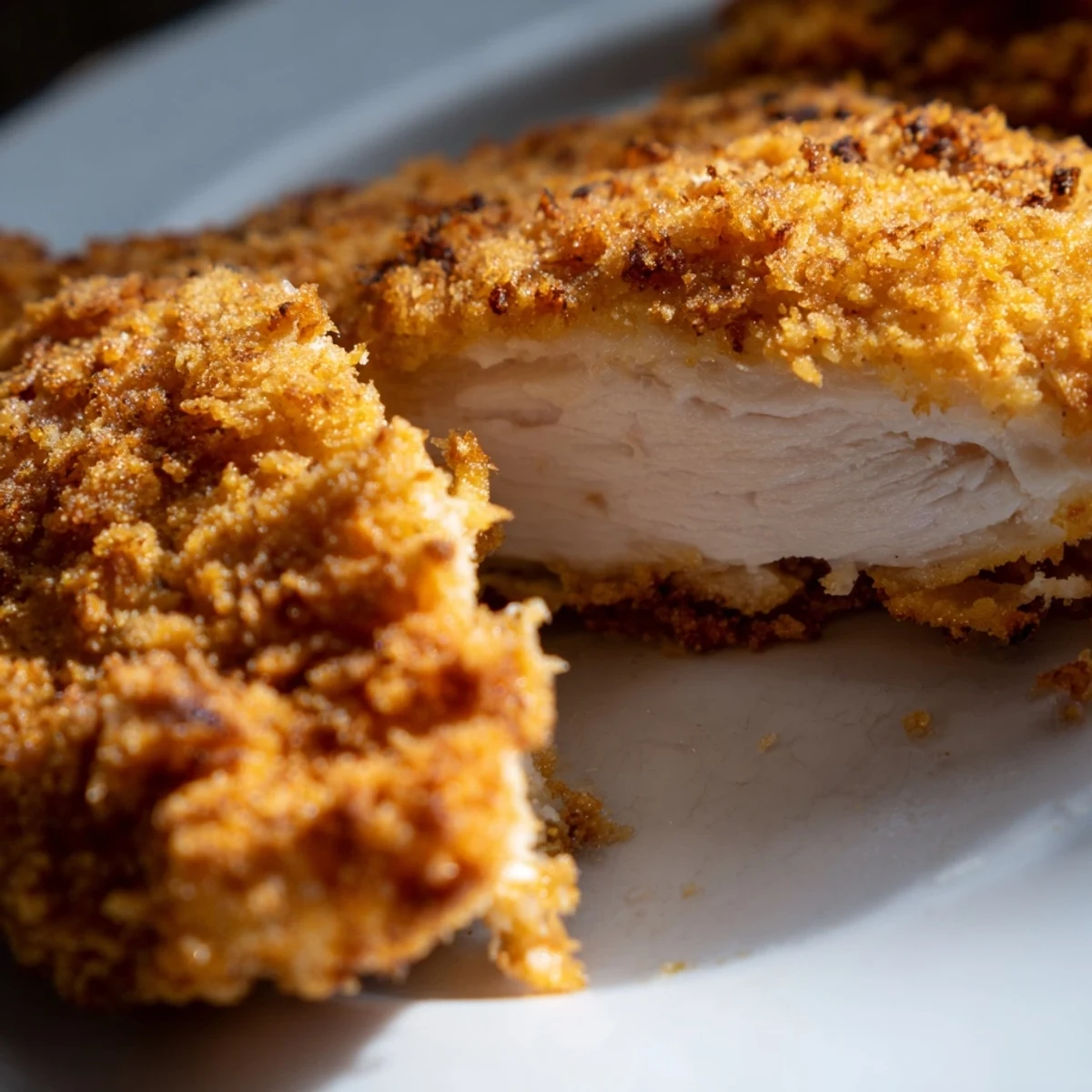Fork-tender Crispy Dinner Chicken breast shows a crunchy golden-brown breading, served hot on a white plate for weeknight comfort.