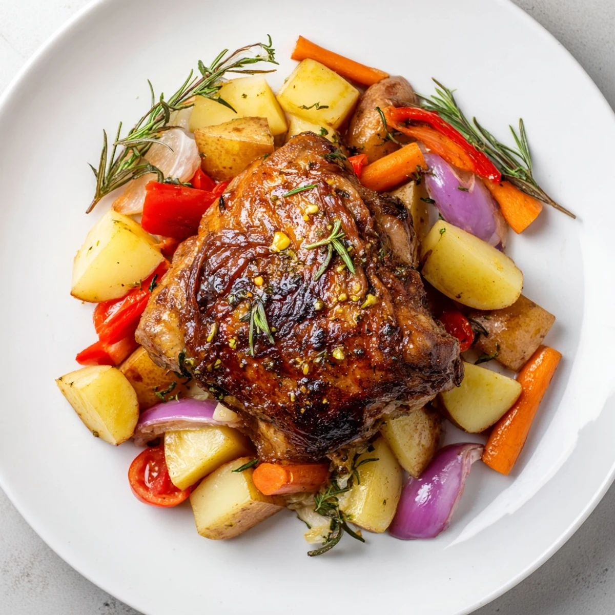 This gluten-free Roasted Dinner Pan features caramelized Yukon Gold potatoes, carrots, and peppers drizzled with savory pan juices for a comforting meal.