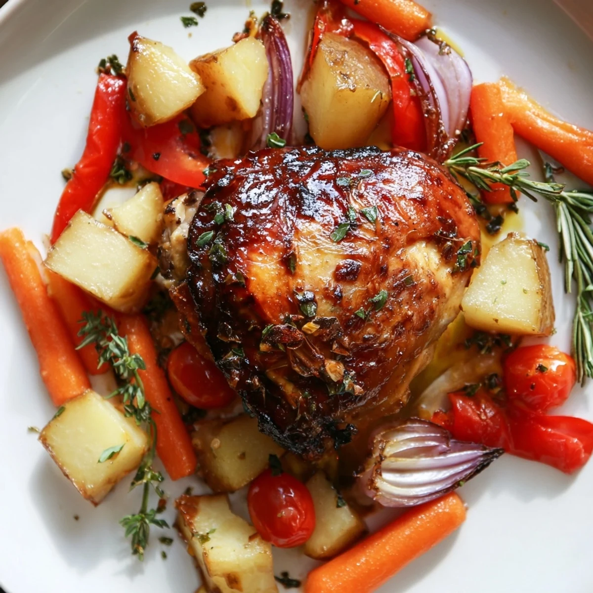 Crispy-skinned chicken thighs rest beside tender roasted vegetables in this easy one-pan Roasted Dinner Pan, perfect for a quick weeknight supper.