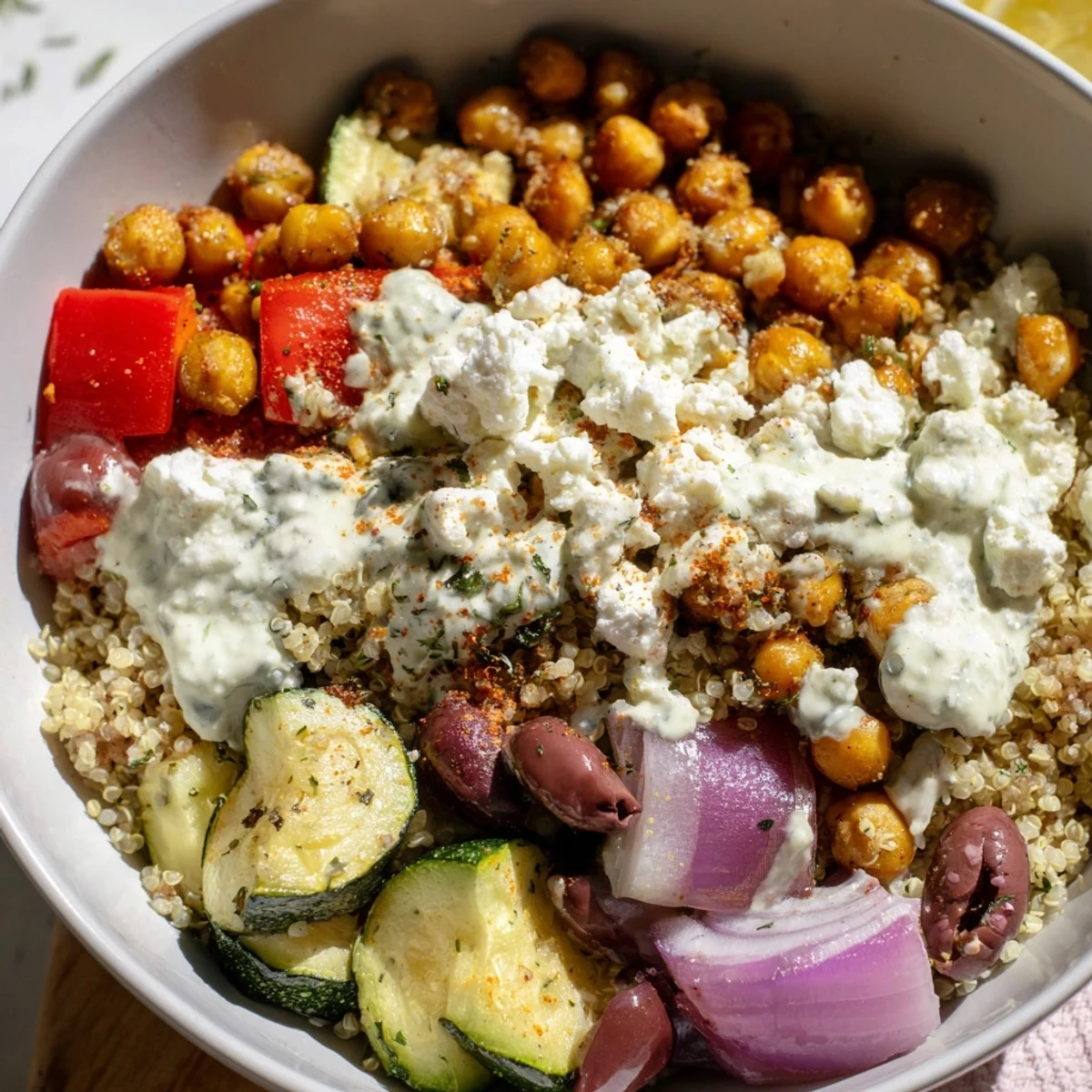 Freshly roasted vegetables and crispy chickpeas top fluffy quinoa in this vibrant Mediterranean Dinner Bowl, drizzled with a cool herb yogurt sauce.