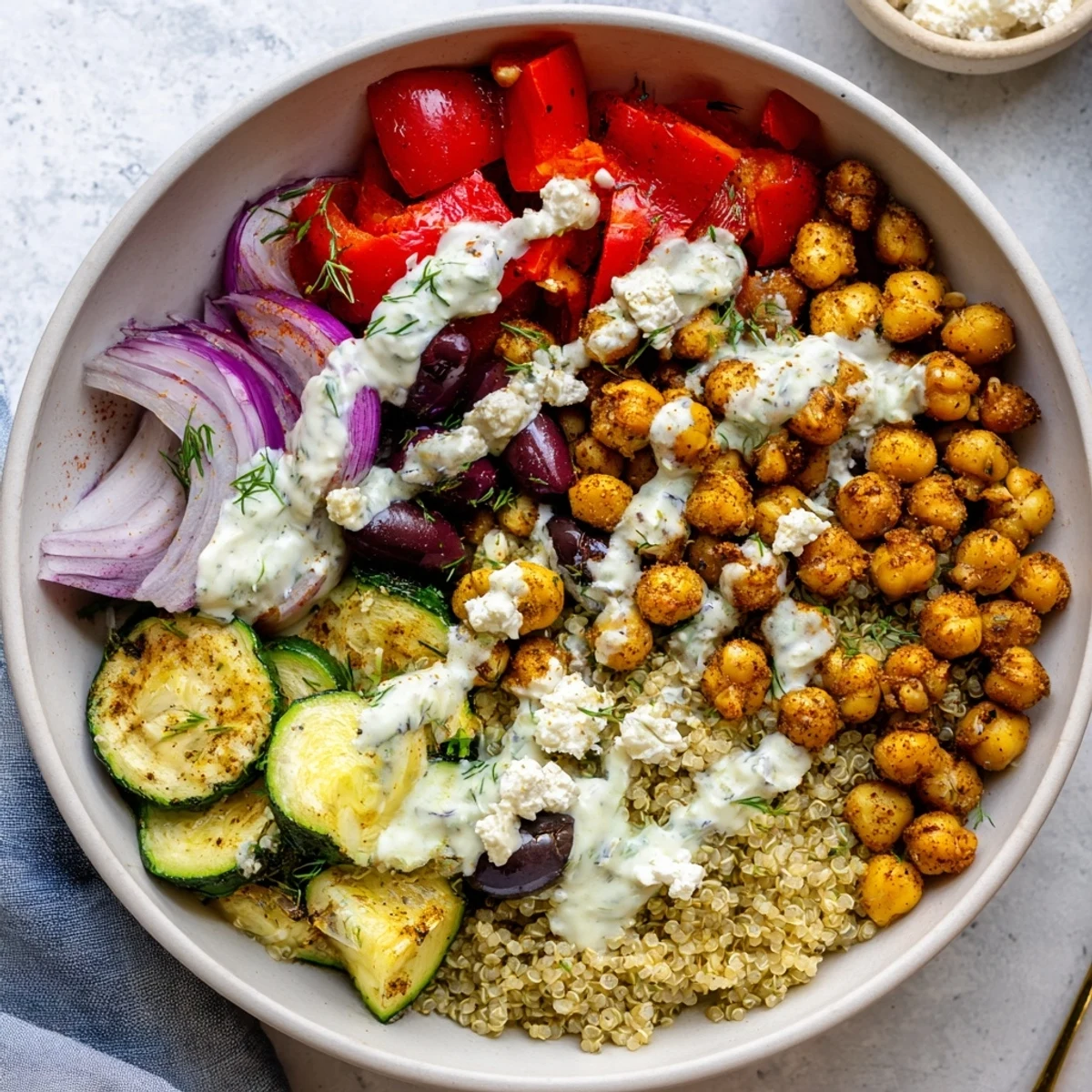 Colorful Mediterranean Dinner Bowl featuring fluffy quinoa, roasted zucchini, crisp cucumbers, and a generous drizzle of homemade dill yogurt dressing.