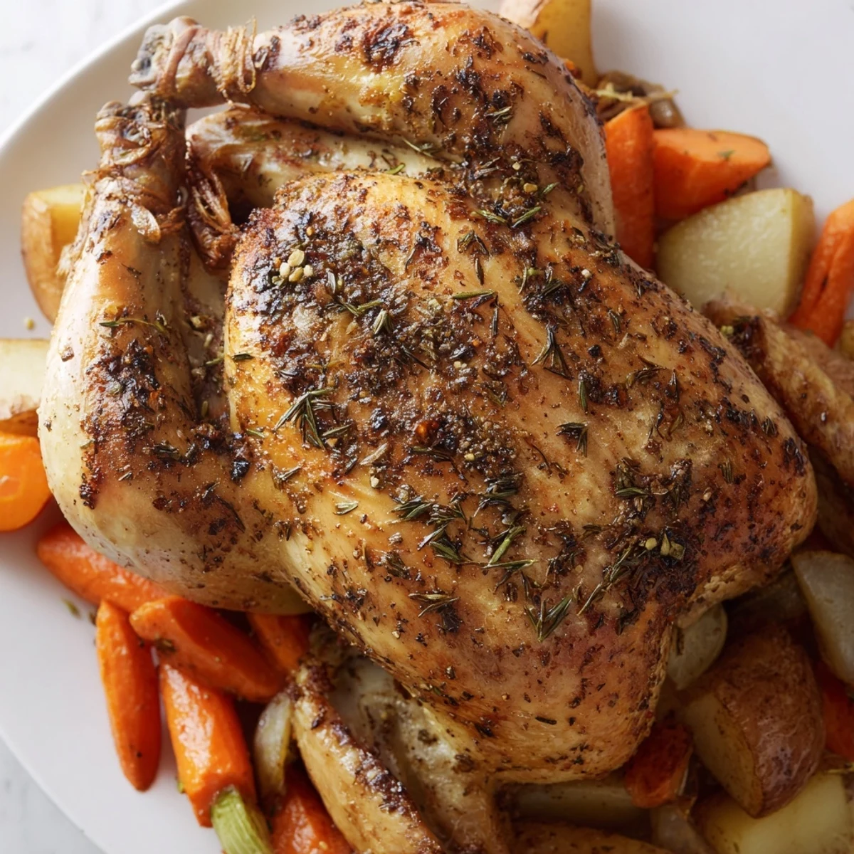 Golden-brown Chicken Dinner Roast with crispy skin is garnished with fresh herbs and lemon wedges on a rustic wooden table.