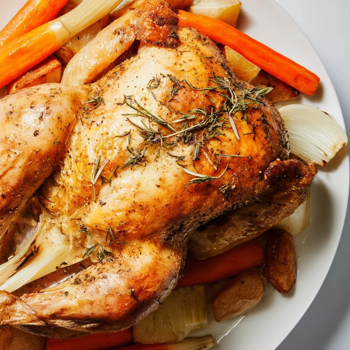 A beautifully roasted Chicken Dinner Roast surrounded by caramelized potatoes, carrots, and onions steaming on a baking sheet.