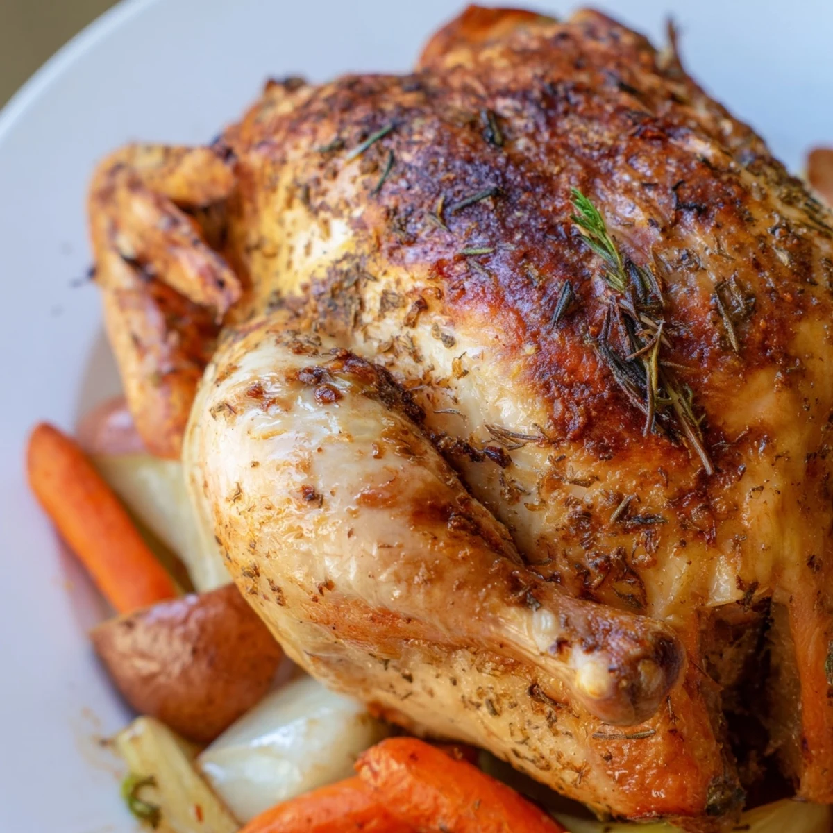 Family-style Chicken Dinner Roast plated with pan juices, ready to serve alongside a glass of chilled white wine.