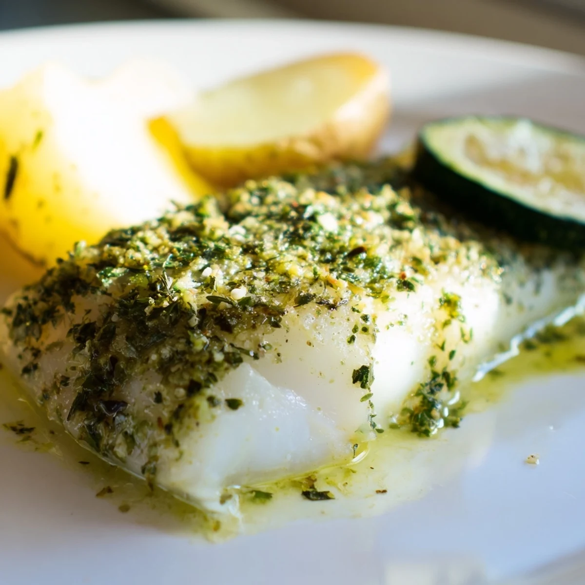 Golden-brown baked cod fillet dinner with lemon-herb crust, served alongside tender roasted vegetables on a baking sheet.