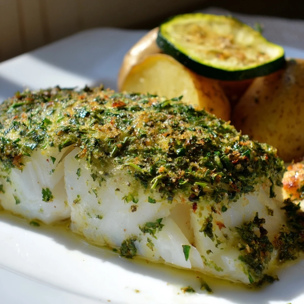 Fork-flaking tender baked cod fillet dinner garnished with fresh parsley and lemon wedges, paired with colorful roasted veggies.